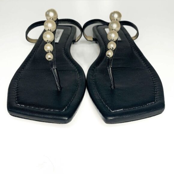 Jimmy Choo Alaina Faux Pearl Embellished Leather Flat Sandals EU 38 US 8 Black - Picture 3 of 9